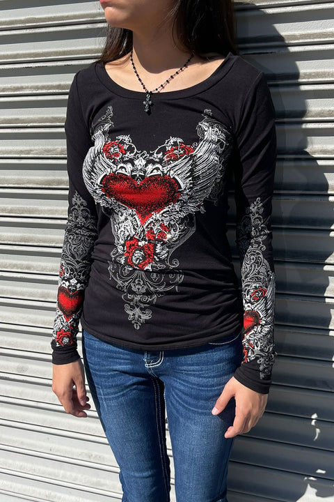 Y2K McBling Red Heart Graphic Rhinestone Print Side Shirred Long Sleeve T-Shirt