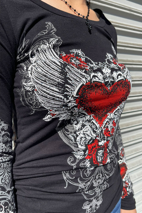 Y2K McBling Red Heart Graphic Rhinestone Print Side Shirred Long Sleeve T-Shirt