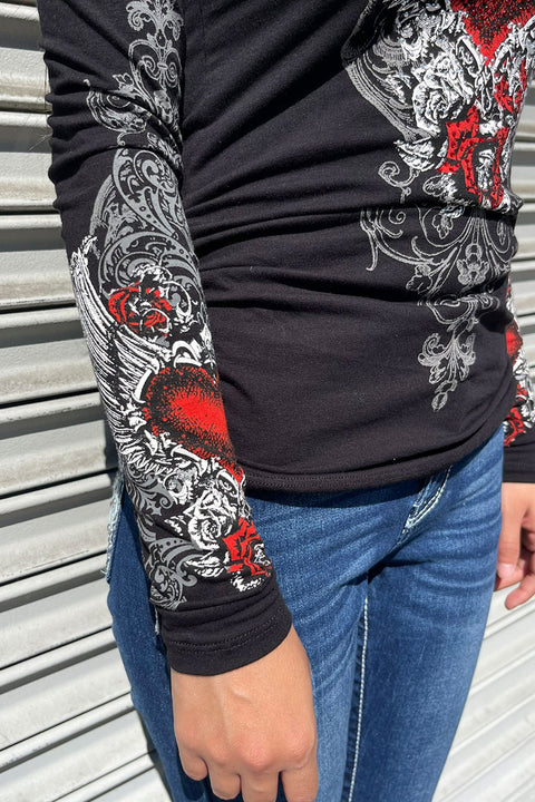 Y2K McBling Red Heart Graphic Rhinestone Print Side Shirred Long Sleeve T-Shirt