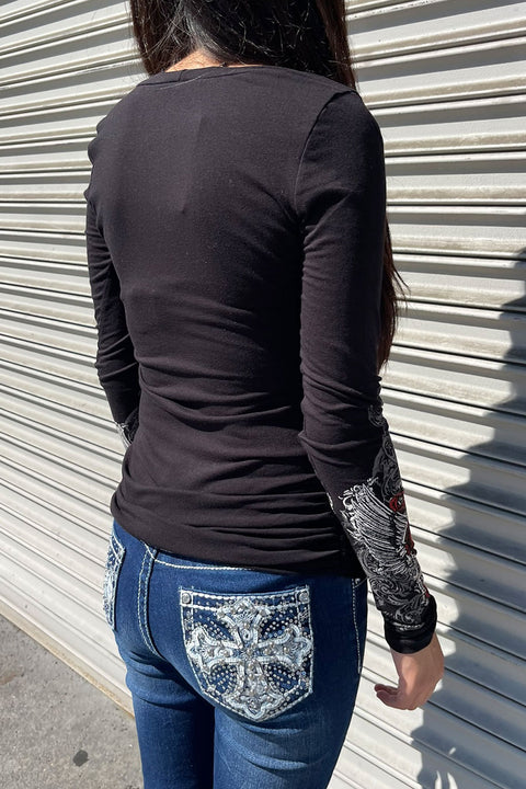 Y2K McBling Red Heart Graphic Rhinestone Print Side Shirred Long Sleeve T-Shirt