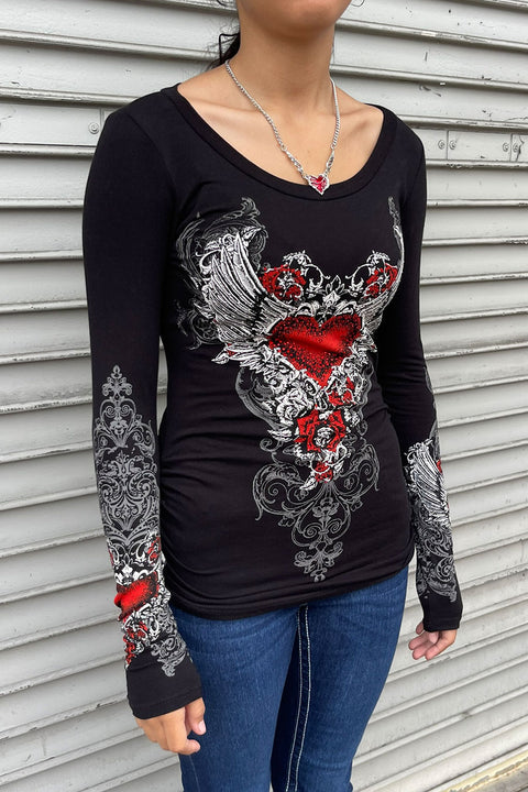 Y2K McBling Red Heart Graphic Rhinestone Print Side Shirred Long Sleeve T-Shirt