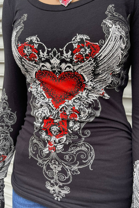 Y2K McBling Red Heart Graphic Rhinestone Print Side Shirred Long Sleeve T-Shirt