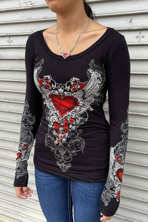 Y2K McBling Red Heart Graphic Rhinestone Print Side Shirred Long Sleeve T-Shirt