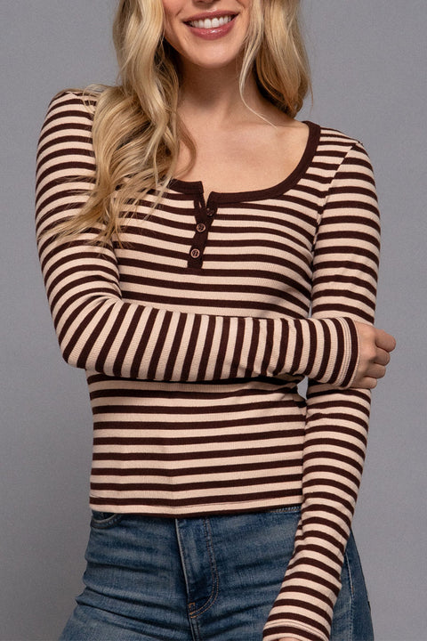2000s Long Sleeve Henley Neck Stripe Brushed Rib Top