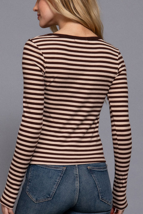 2000s Long Sleeve Henley Neck Stripe Brushed Rib Top