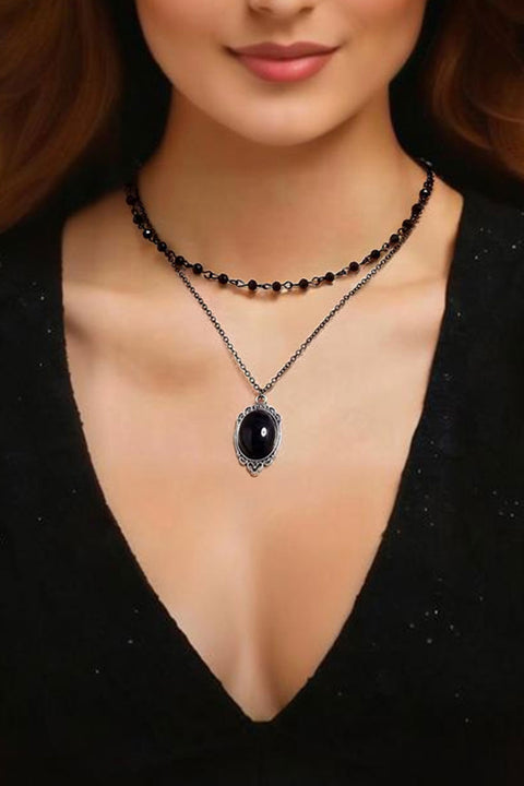 Y2K Gothic Black Pendant Beaded 2pc Set Necklace