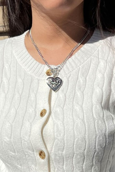 2000s Gothic Silver Color Heart Locket Pendant Chain Necklace