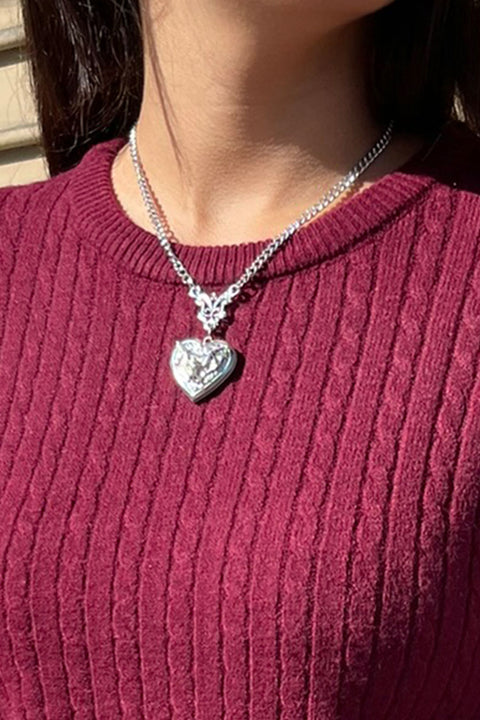 2000s Gothic Silver Color Heart Locket Pendant Chain Necklace