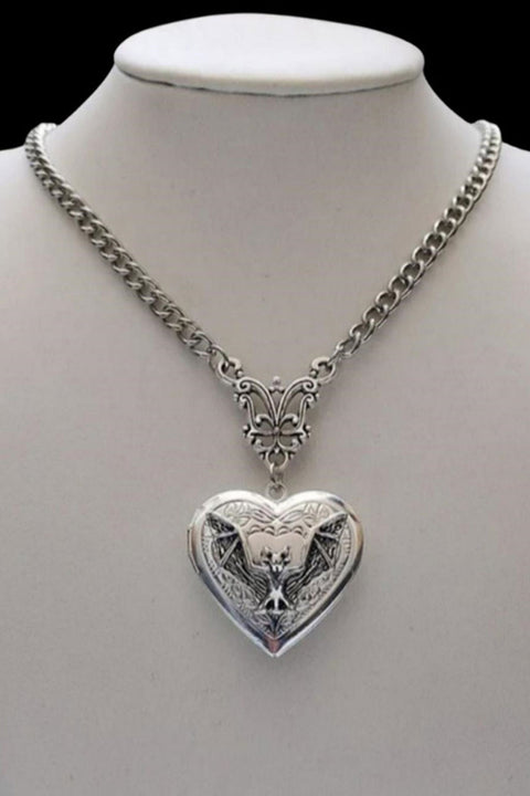 2000s Gothic Silver Color Heart Locket Pendant Chain Necklace
