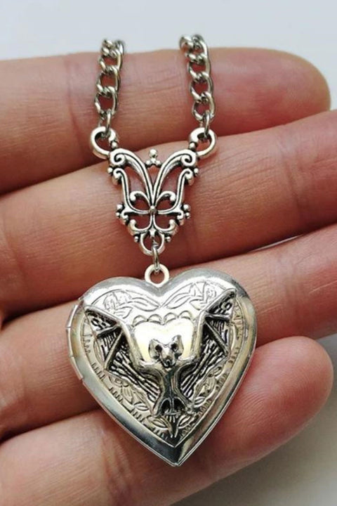 2000s Gothic Silver Color Heart Locket Pendant Chain Necklace