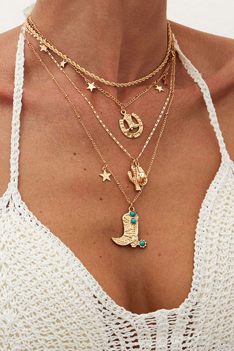 Western Vintage Style 4pcs Set Layered Chains with Cowboy Boots/Hat/Cactus Pendant Necklaces