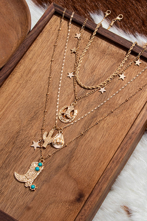 Western Vintage Style 4pcs Set Layered Chains with Cowboy Boots/Hat/Cactus Pendant Necklaces