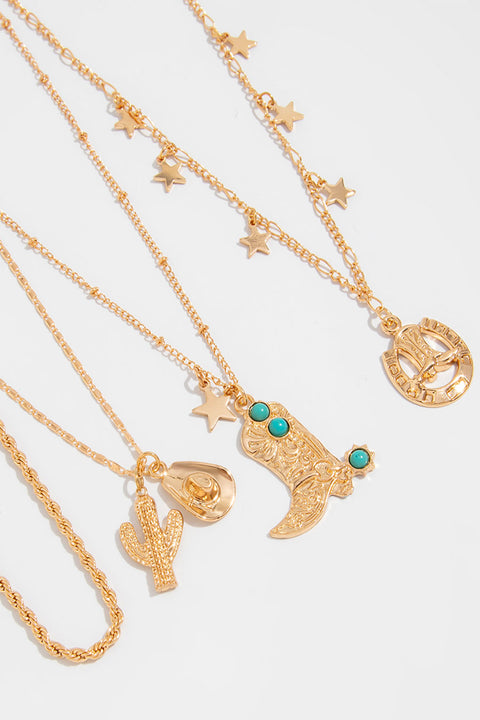 Western Vintage Style 4pcs Set Layered Chains with Cowboy Boots/Hat/Cactus Pendant Necklaces