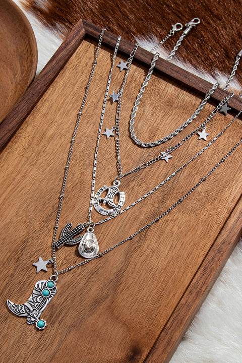 Western Vintage Style 4pcs Set Layered Chains with Cowboy Boots/Hat/Cactus Pendant Necklaces
