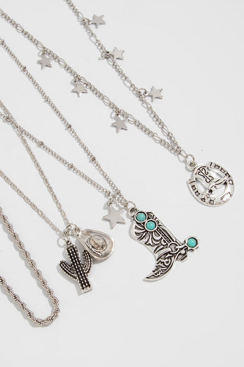 Western Vintage Style 4pcs Set Layered Chains with Cowboy Boots/Hat/Cactus Pendant Necklaces