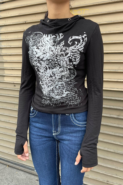 Y2K Grunge/Gothic Long Sleeve Graphic Shirt with Metal-Eyelet Detailed Hoodie and Thumb Hole