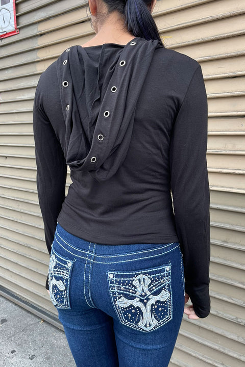 Y2K Grunge/Gothic Long Sleeve Graphic Shirt with Metal-Eyelet Detailed Hoodie and Thumb Hole