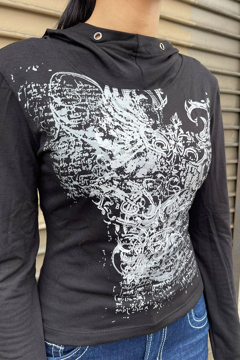 Y2K Grunge/Gothic Long Sleeve Graphic Shirt with Metal-Eyelet Detailed Hoodie and Thumb Hole