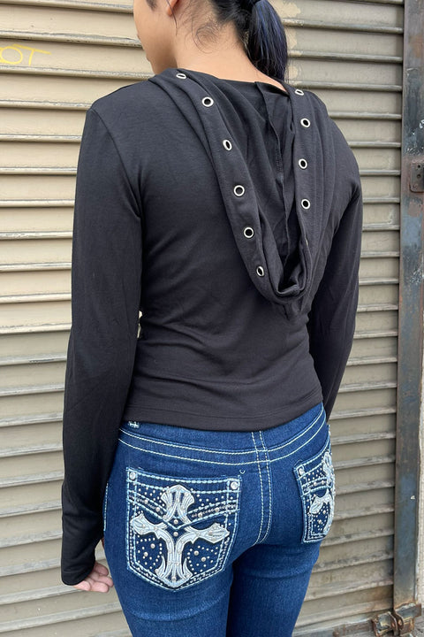 Y2K Grunge/Gothic Long Sleeve Graphic Shirt with Metal-Eyelet Detailed Hoodie and Thumb Hole
