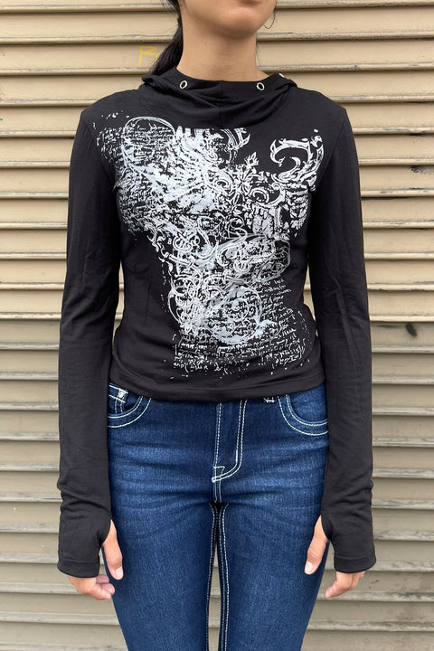Y2K Grunge/Gothic Long Sleeve Graphic Shirt with Metal-Eyelet Detailed Hoodie and Thumb Hole