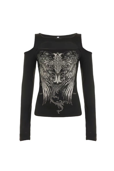 Y2K Grunge/Gothic Cross & Wring Printed Long Sleeve Cut-Out T-Shirt