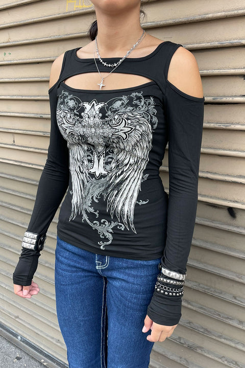 Y2K Grunge/Gothic Cross & Wring Printed Long Sleeve Cut-Out T-Shirt