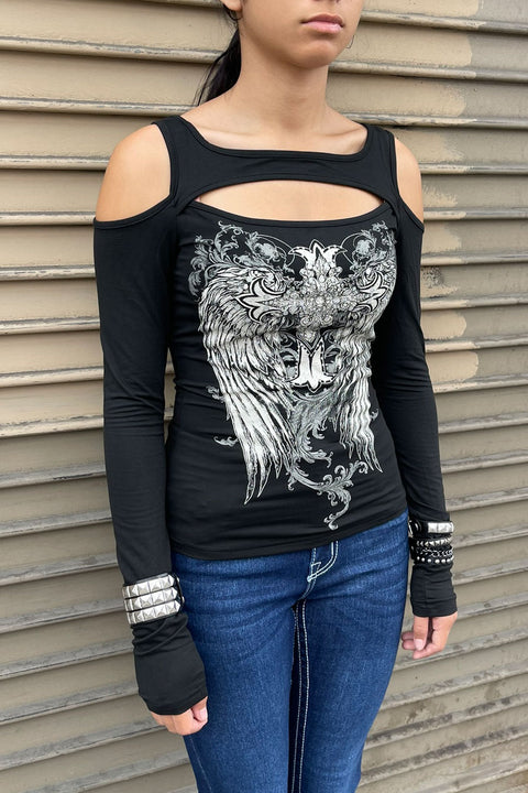 Y2K Grunge/Gothic Cross & Wring Printed Long Sleeve Cut-Out T-Shirt
