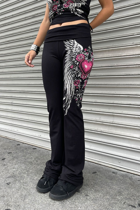 Y2K McBling Pink Heart, Rose & Wing Graphic Rhinestone Print Fold-Over Flare Pants