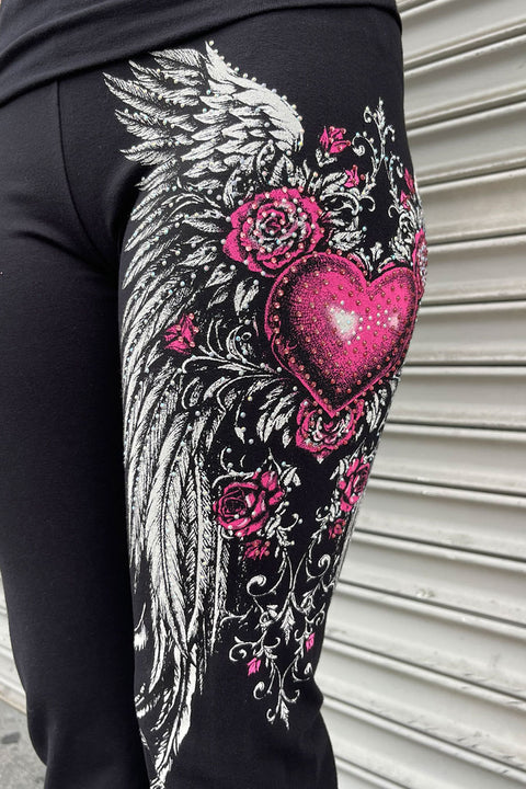 Y2K McBling Pink Heart, Rose & Wing Graphic Rhinestone Print Fold-Over Flare Pants