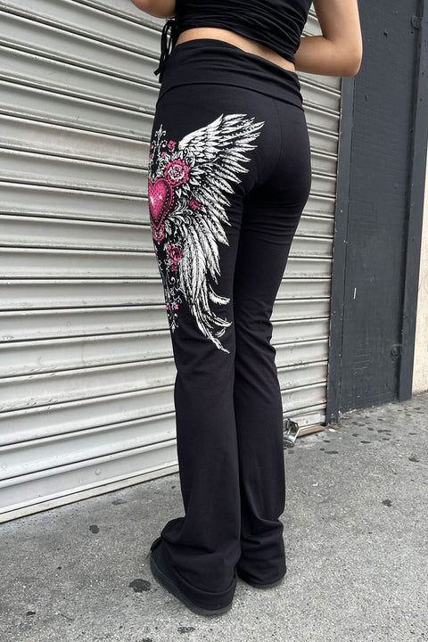 Y2K McBling Pink Heart, Rose & Wing Graphic Rhinestone Print Fold-Over Flare Pants
