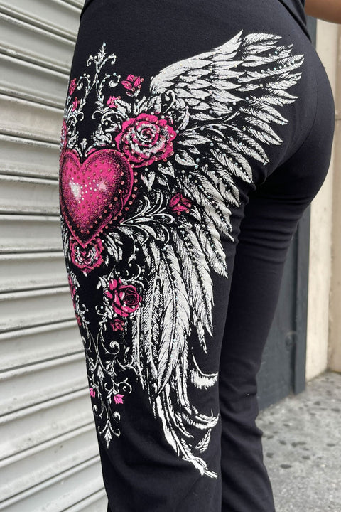 Y2K McBling Pink Heart, Rose & Wing Graphic Rhinestone Print Fold-Over Flare Pants