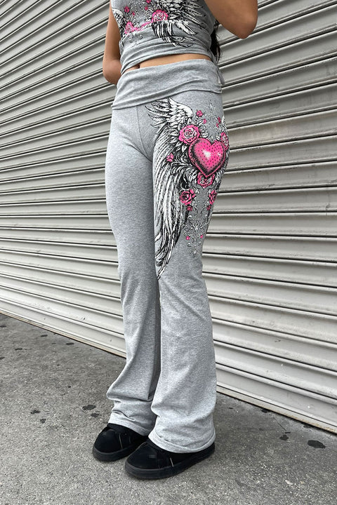 Y2K McBling Pink Heart, Rose & Wing Graphic Rhinestone Print Fold-Over Flare Pants