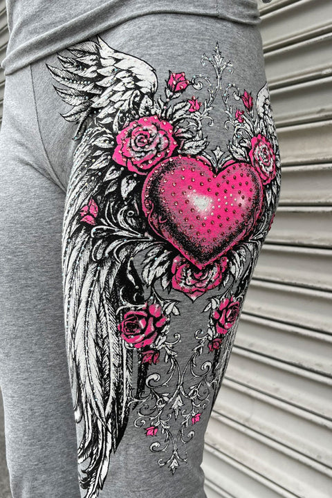 Y2K McBling Pink Heart, Rose & Wing Graphic Rhinestone Print Fold-Over Flare Pants