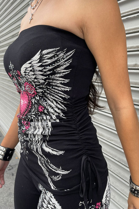 Y2K McBling Pink Heart, Rose & Wing RhineStone Print Side Shirred Tube Top Black