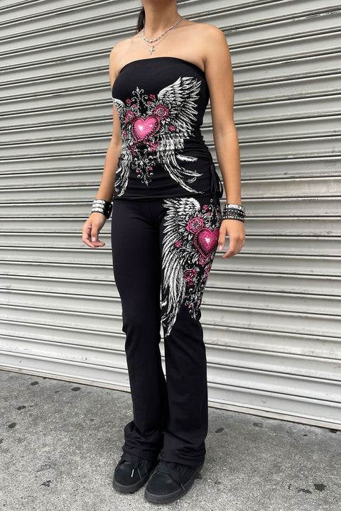 Y2K McBling Pink Heart, Rose & Wing RhineStone Print Side Shirred Tube Top Black