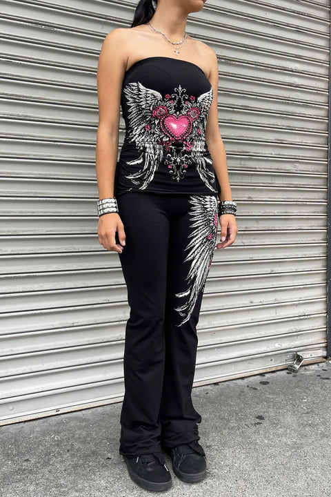 Y2K McBling Pink Heart, Rose & Wing RhineStone Print Side Shirred Tube Top Black