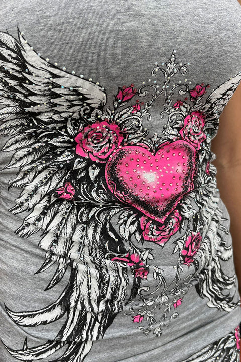 Y2K McBling Pink Heart, Rose & Wing RhineStone Print Side Shirred Tube Top Black