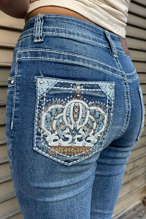 2000s Style Crown Shape Rhinestone Bling Back Pocket Bootcut Jean with Good Stretch