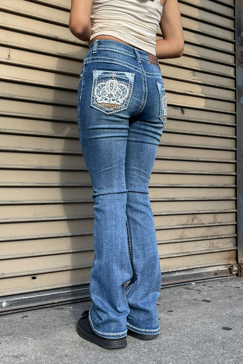 2000s Style Crown Shape Rhinestone Bling Back Pocket Bootcut Jean with Good Stretch