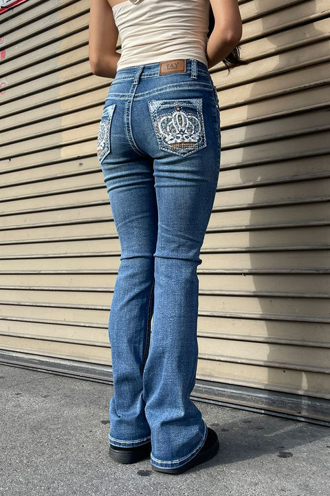 2000s Style Crown Shape Rhinestone Bling Back Pocket Bootcut Jean with Good Stretch