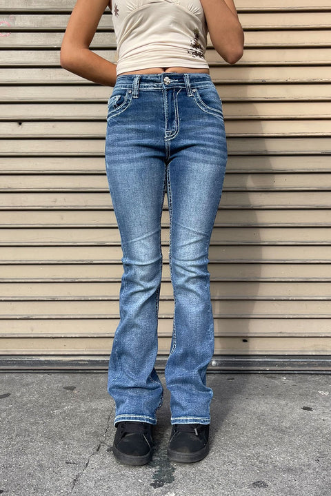 2000s Style Crown Shape Rhinestone Bling Back Pocket Bootcut Jean with Good Stretch