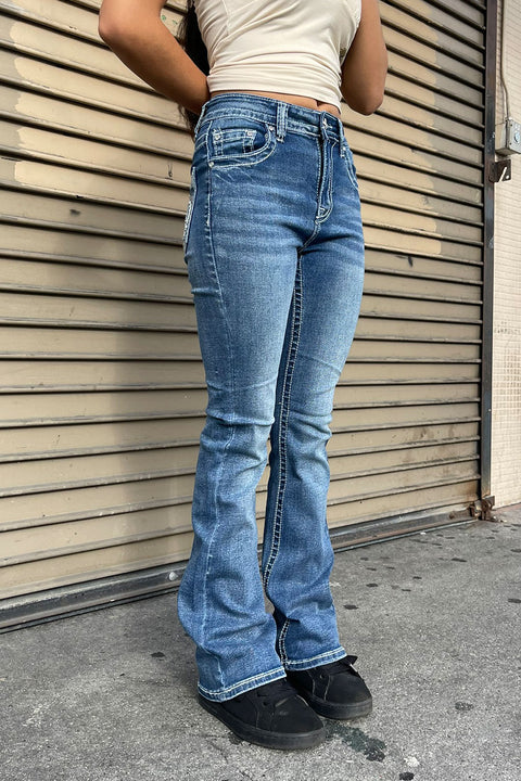 2000s Style Crown Shape Rhinestone Bling Back Pocket Bootcut Jean with Good Stretch