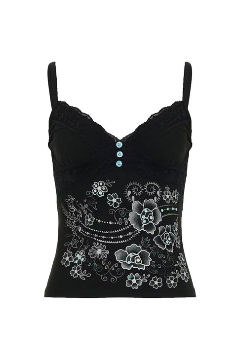 2000s Floral Print Lace-Trimmed Faux Button-Front Cami Tank Top