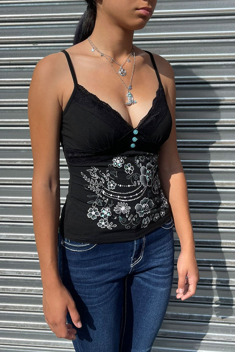2000s Floral Print Lace-Trimmed Faux Button-Front Cami Tank Top
