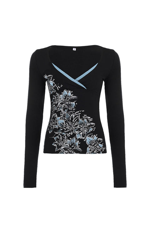 2000s Floral Print Contrast Layered Long Sleeve Surplice Top