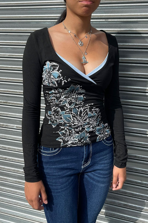 2000s Floral Print Contrast Layered Long Sleeve Surplice Top