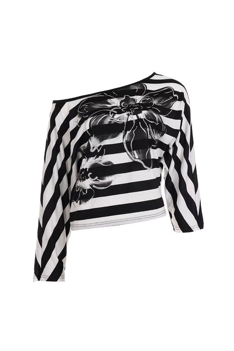 2000s Floral Print Stripped Dolman Long Sleeve Crop Top