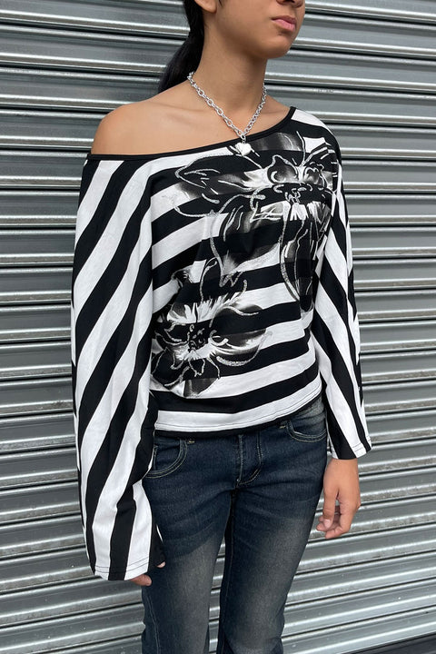 2000s Floral Print Stripped Dolman Long Sleeve Crop Top