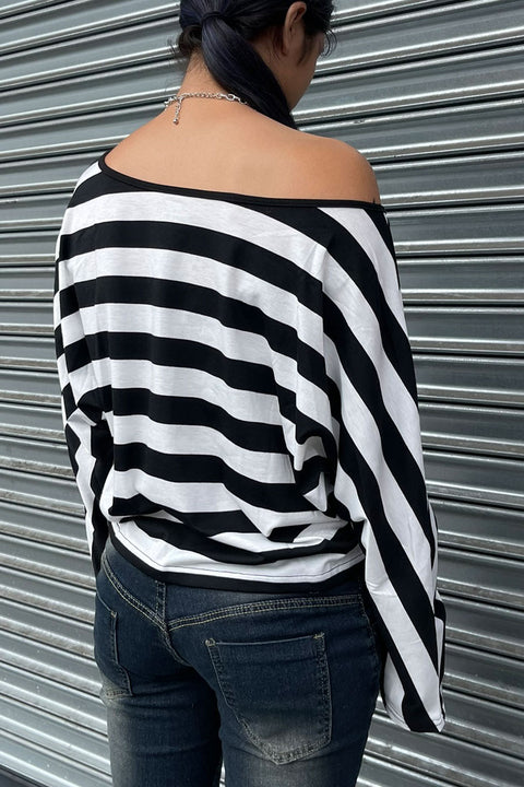 2000s Floral Print Stripped Dolman Long Sleeve Crop Top