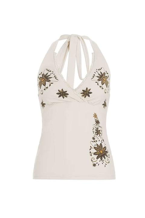 2000s Floral Print Self Tie Surplice Halter Tank Top